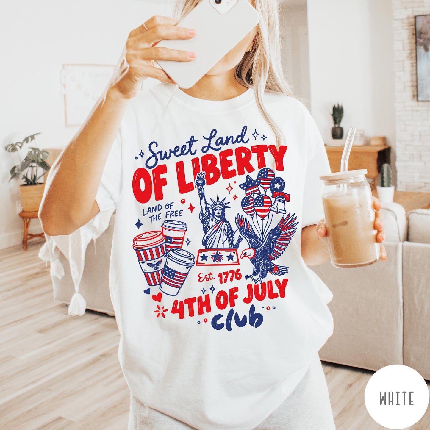 Comfort Colors tee in White featuring patriotic 4th of July graphic with Statue of Liberty and eagle