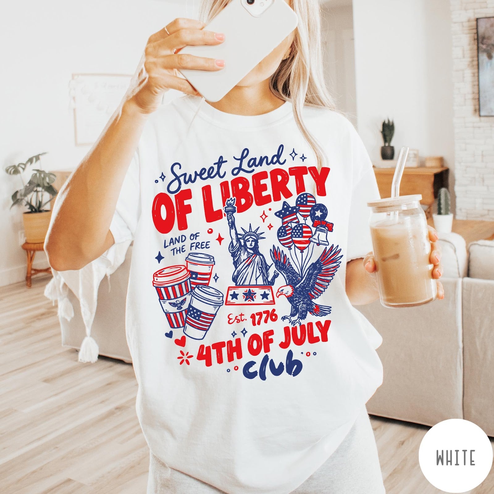 Comfort Colors tee in White featuring patriotic 4th of July graphic with Statue of Liberty and eagle