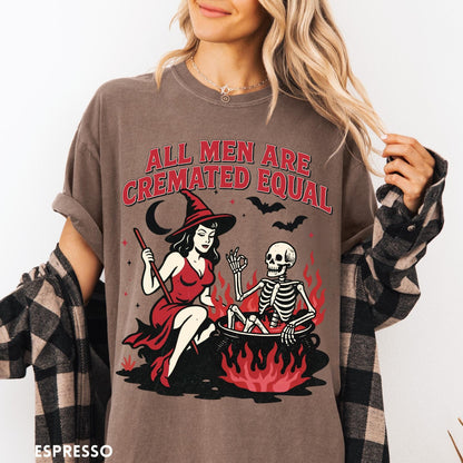 Comfort Colors tee in Espresso featuring witch and skeleton graphic with a boiling cauldron and spooky text