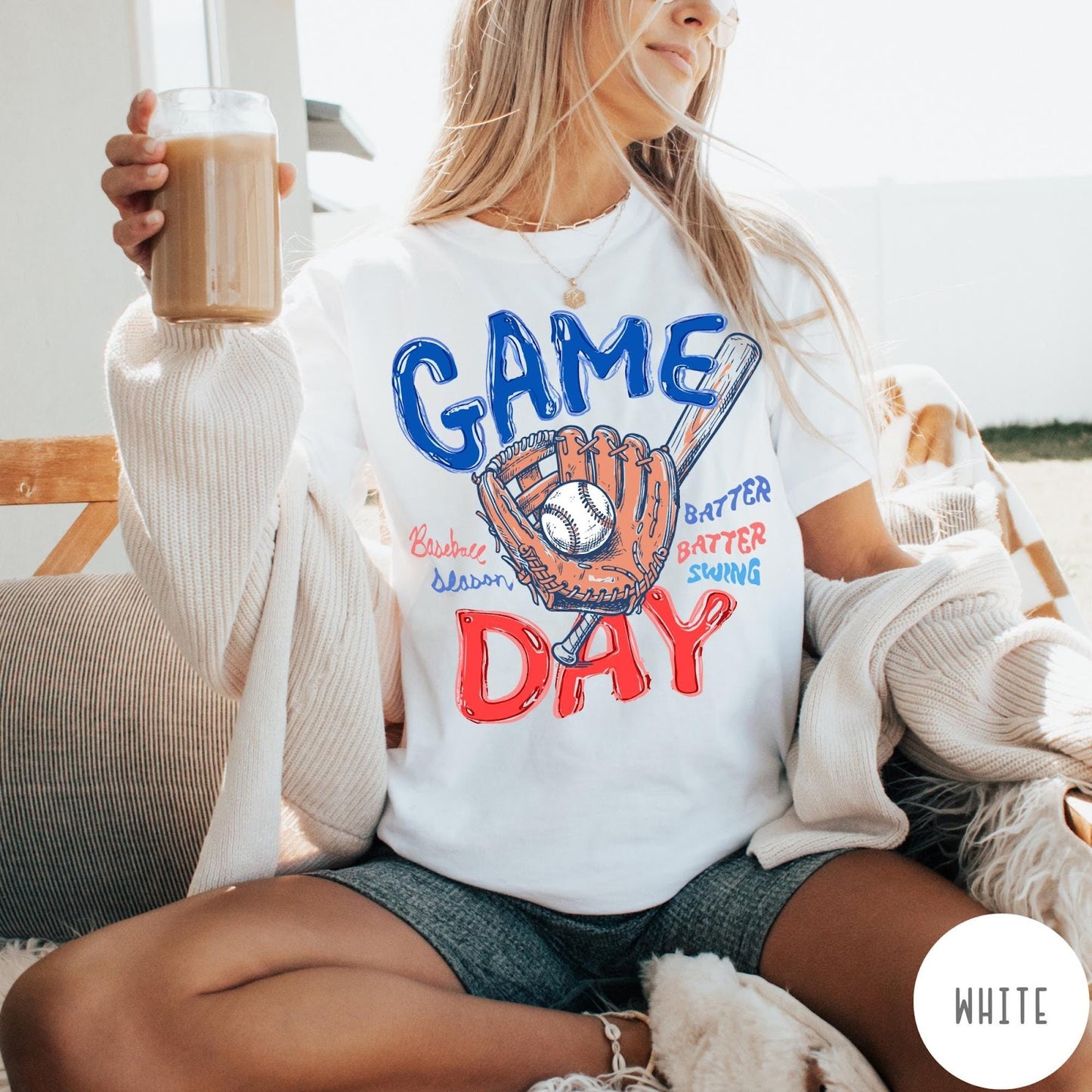 Comfort Colors tee in White featuring baseball design with glove, ball, bat, and Game Day text graphic