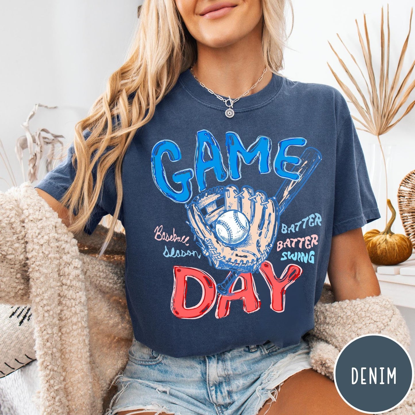 Comfort Colors tee in Denim featuring baseball design with glove, ball, bat, and Game Day text graphic