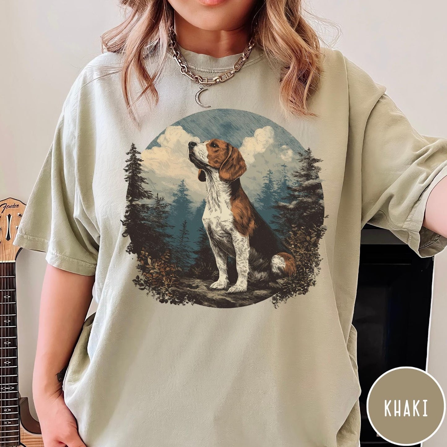 Comfort Colors tee in Khaki featuring vintage style graphic of a beagle sitting in a forest scene