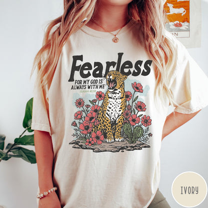 Comfort Colors tee in Ivory featuring vintage style leopard and flower graphic with Bible verse Isaiah 41:10
