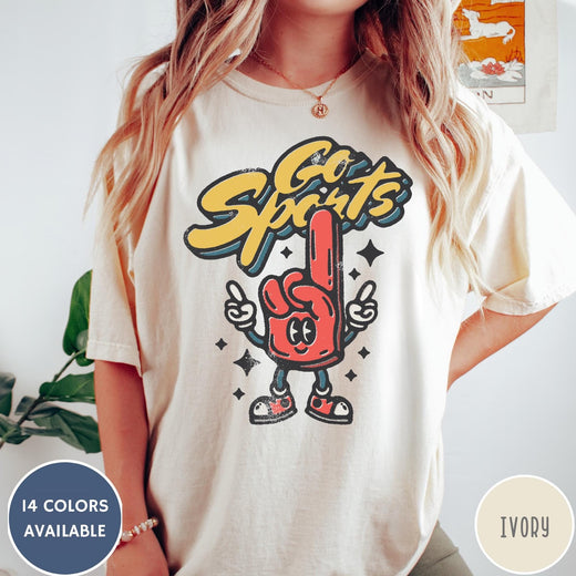 Comfort Colors tee in Ivory featuring retro mascot design with a red foam finger and Go Sports text