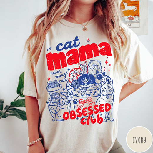 Comfort Colors tee in Ivory featuring retro style graphic with cats, yarn, and cat mama club text
