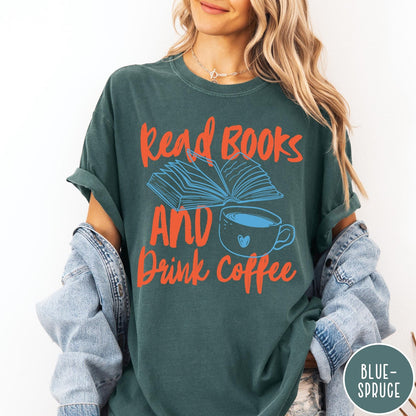 Comfort Colors tee in Blue Spruce featuring books and coffee graphic design with open book and coffee cup
