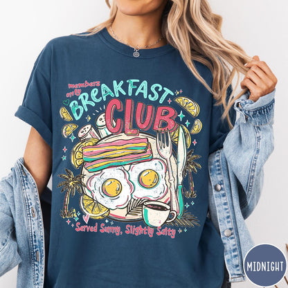Comfort Colors tee in Midnight featuring retro breakfast food graphic with eggs, bacon, and coffee illustration