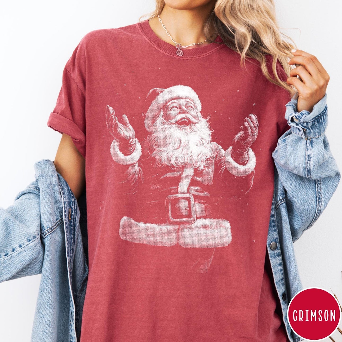 Comfort Colors tee in Crimson featuring vintage style graphic of a joyful Santa Claus with open arms