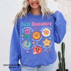 Comfort Colors tee in Heather Sport Royal featuring retro mascot design with daily affirmations and colorful graphics