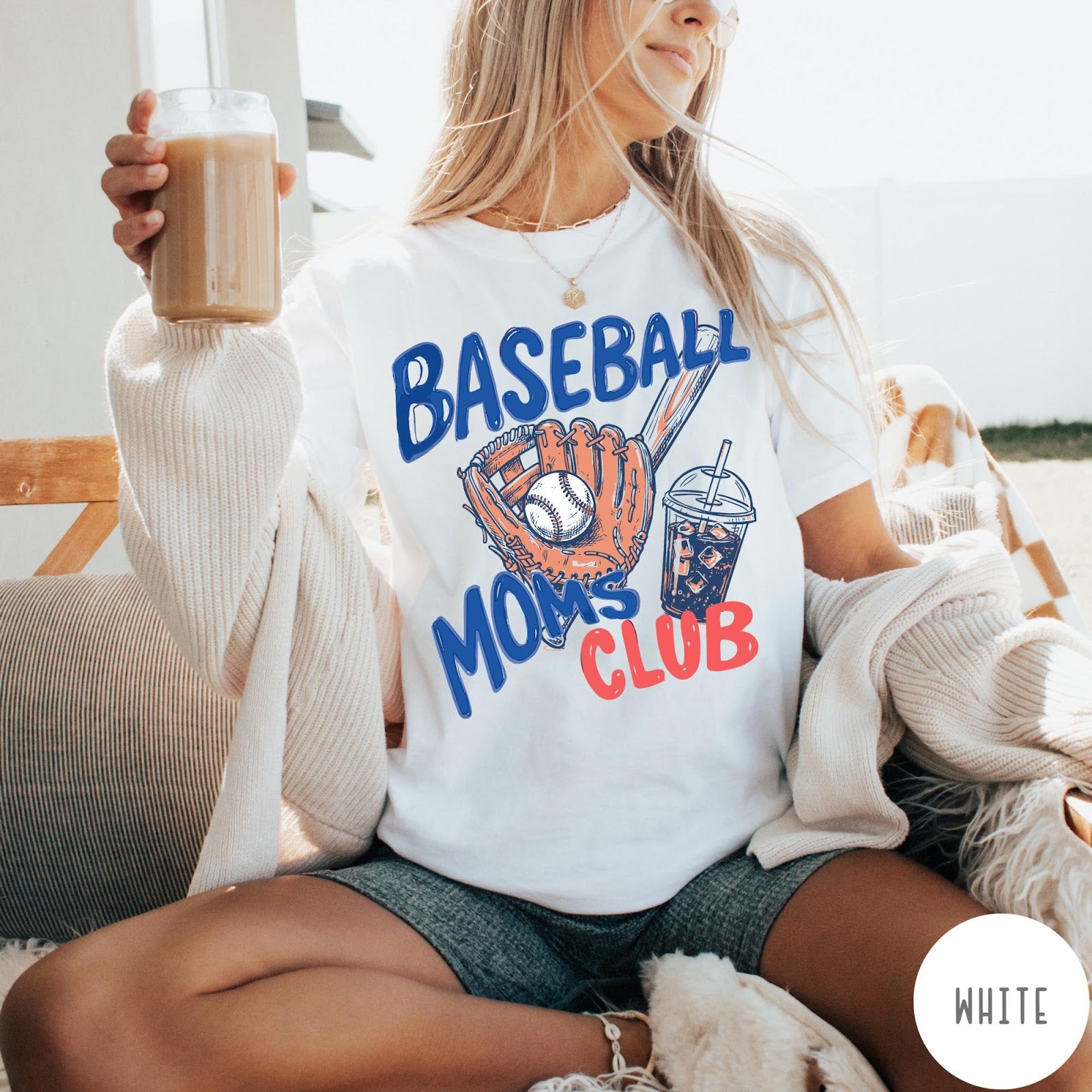 Comfort Colors tee in White featuring baseball mom graphic with a glove, ball, bat, and iced coffee