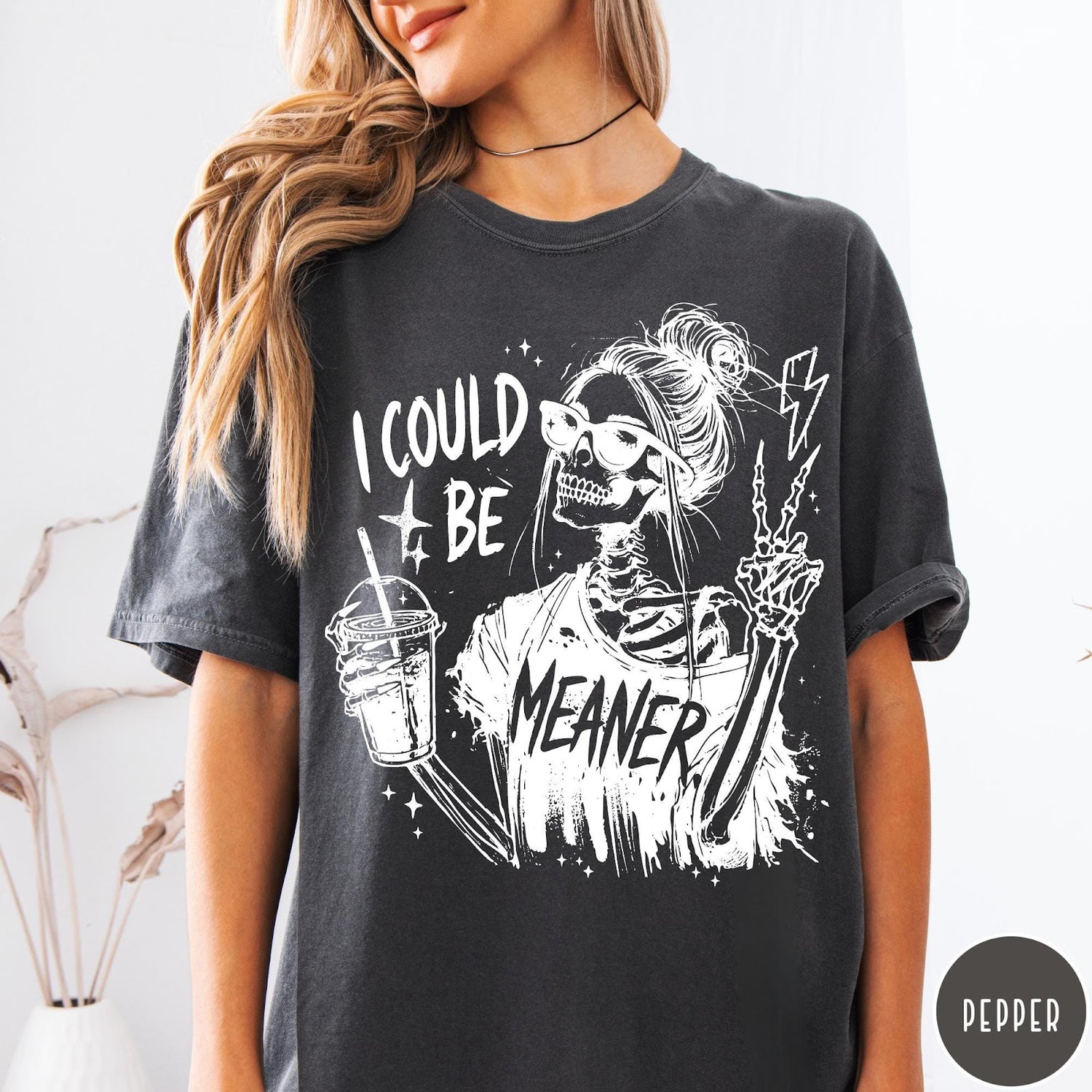 Comfort Colors tee in Pepper featuring skeleton graphic with sunglasses, messy bun, iced coffee, and lightning bolt.
