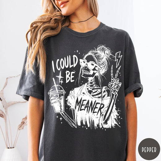 Comfort Colors tee in Pepper featuring skeleton graphic with sunglasses, messy bun, iced coffee, and lightning bolt.