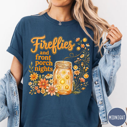 Comfort Colors tee in Midnight featuring rustic style graphic of fireflies in a mason jar with wildflowers