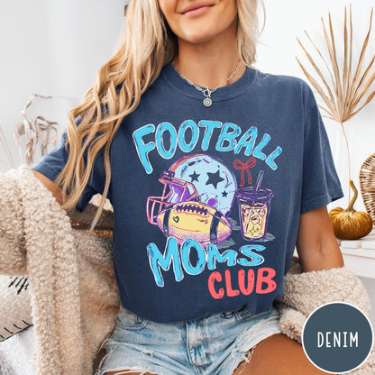 Comfort Colors tee in Denim featuring football lifestyle graphic with helmet, football, and iced coffee drink design