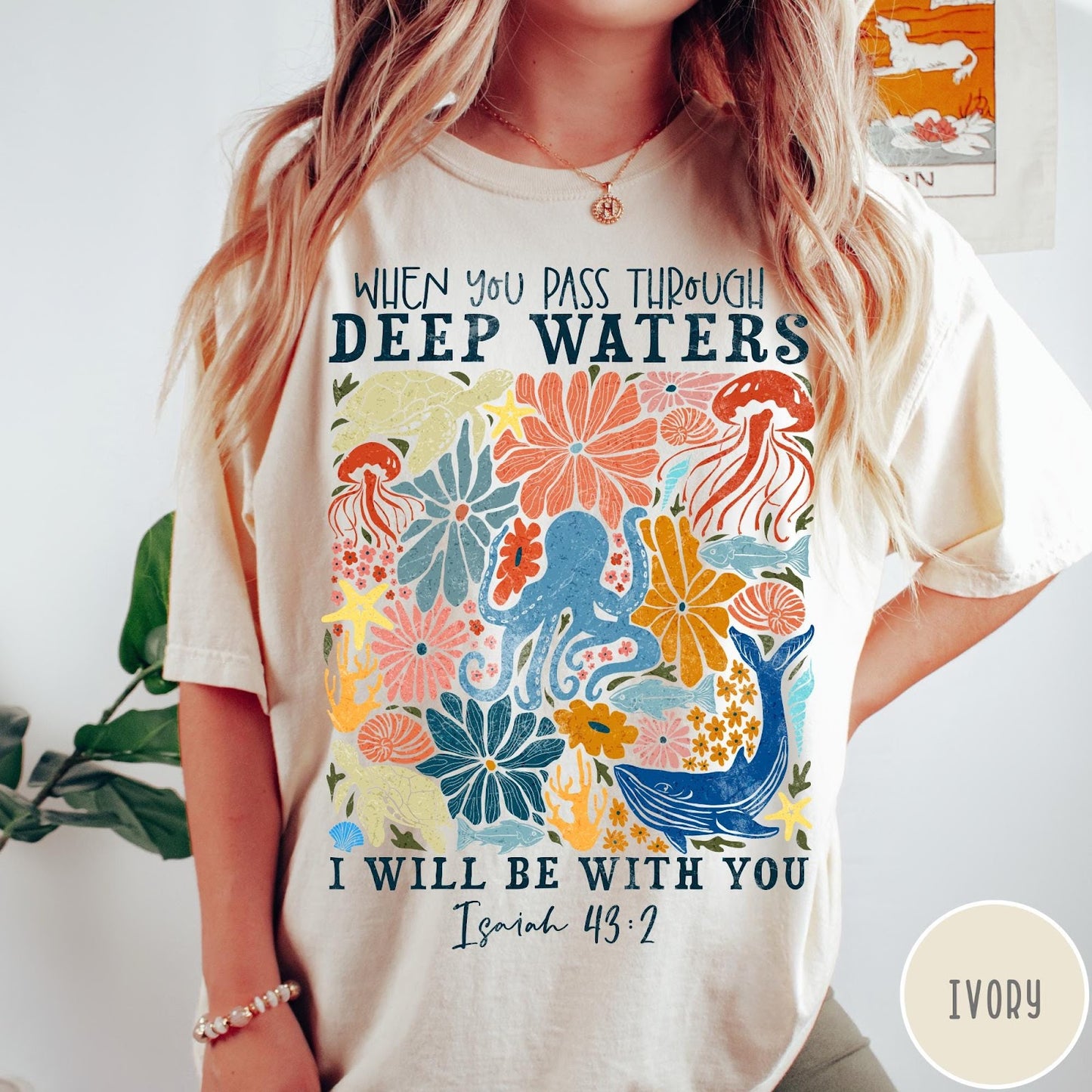 Comfort Colors tee in Ivory featuring retro style ocean life graphic with Isaiah 43:2 Bible verse text