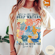 Comfort Colors tee in Ivory featuring retro style ocean life graphic with Isaiah 43:2 Bible verse text