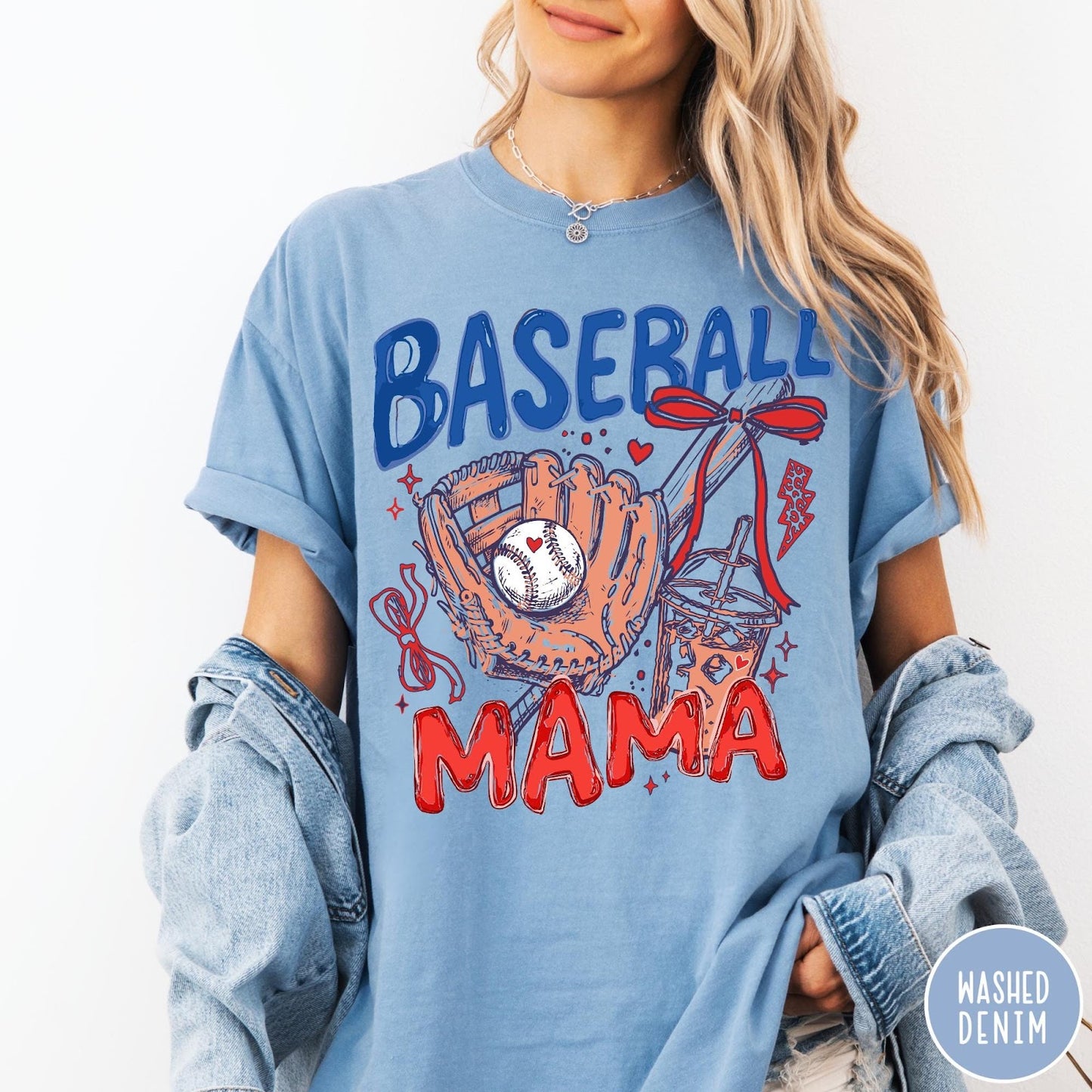Comfort Colors tee in Washed Denim featuring baseball graphic with glove, iced coffee, and red bows
