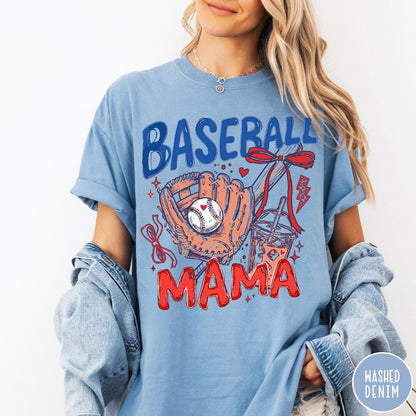 Comfort Colors tee in Washed Denim featuring baseball graphic with glove, iced coffee, and red bows