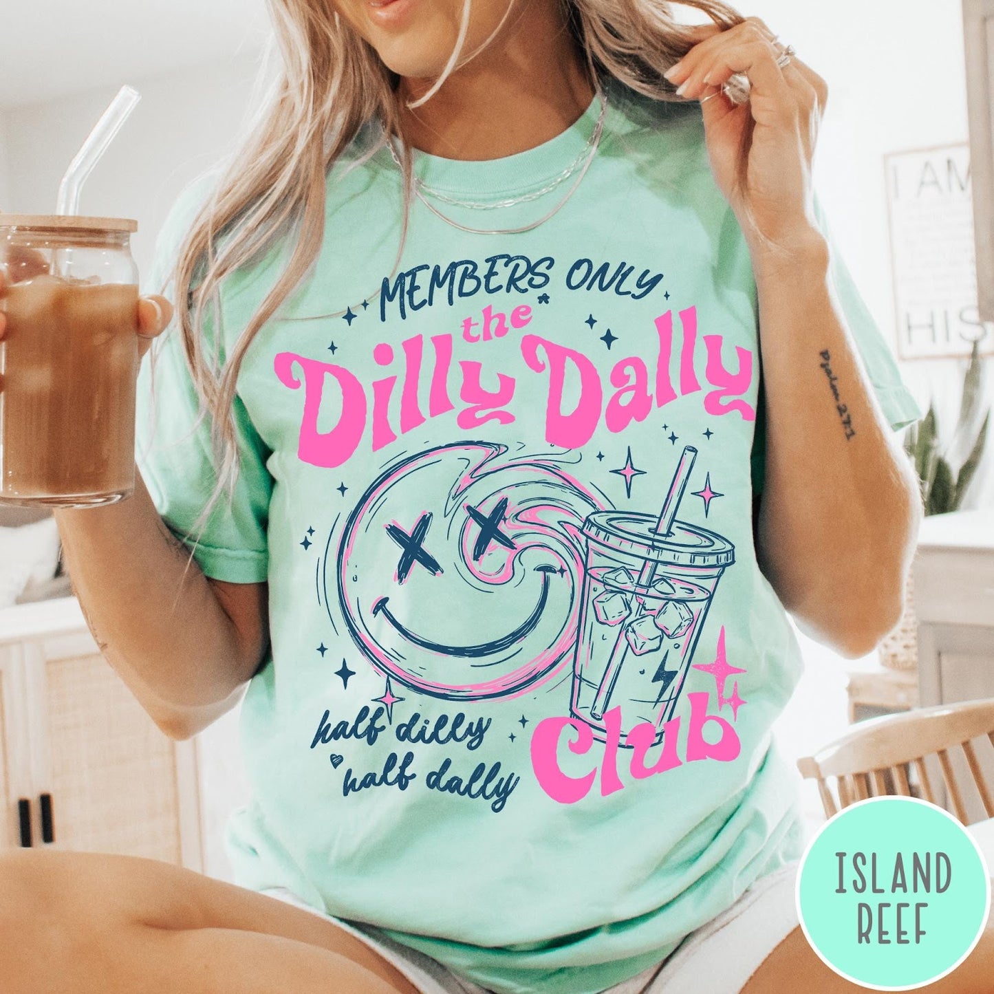 Comfort Colors tee in Island Reef featuring retro style graphic with a smiley face and iced coffee cup