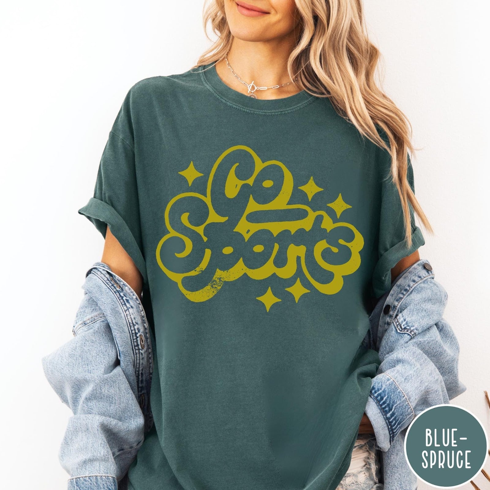 Comfort Colors tee in Blue Spruce featuring retro sports style graphic with Go Sports text and star accents