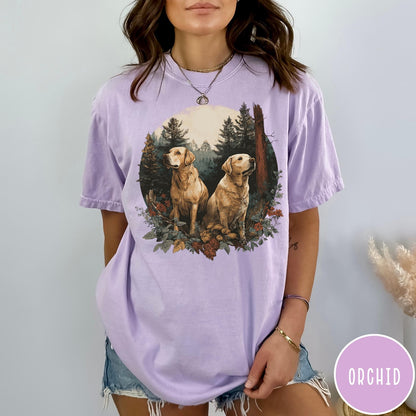 Comfort Colors tee in Orchid featuring vintage style graphic of two golden labrador dogs in forest