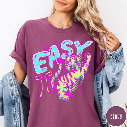 Comfort Colors tee in Berry featuring retro graphic style with a tiger and the word Easy
