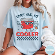 Comfort Colors tee in Chambray featuring retro cooler graphic with sunglasses and a drink with text