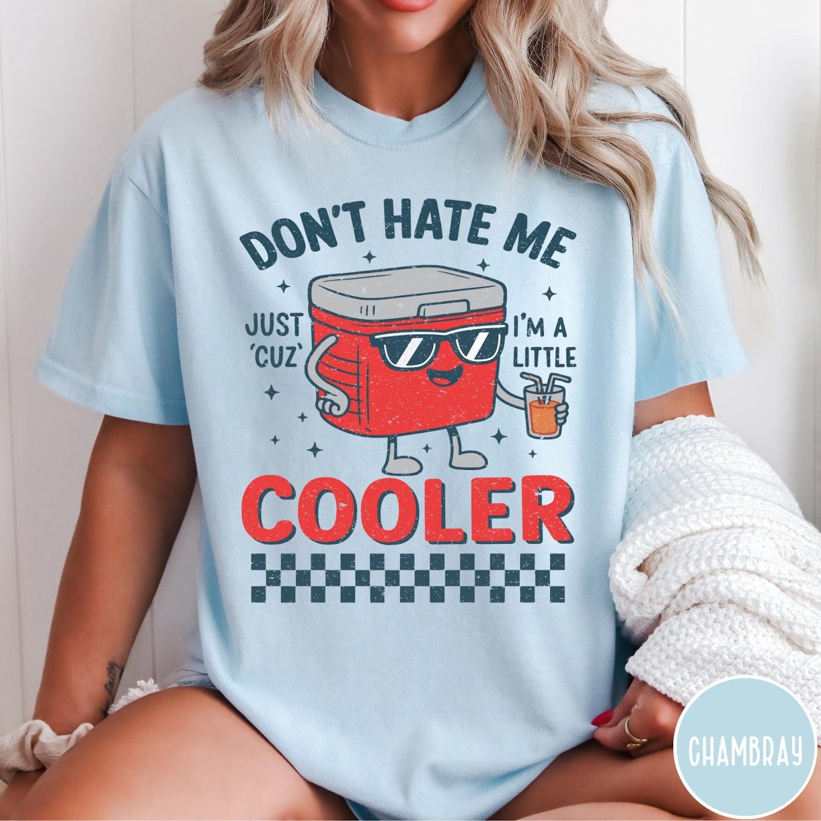 Comfort Colors tee in Chambray featuring retro cooler graphic with sunglasses and a drink with text