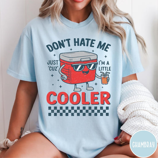 Comfort Colors tee in Chambray featuring retro cooler graphic with sunglasses and a drink with text