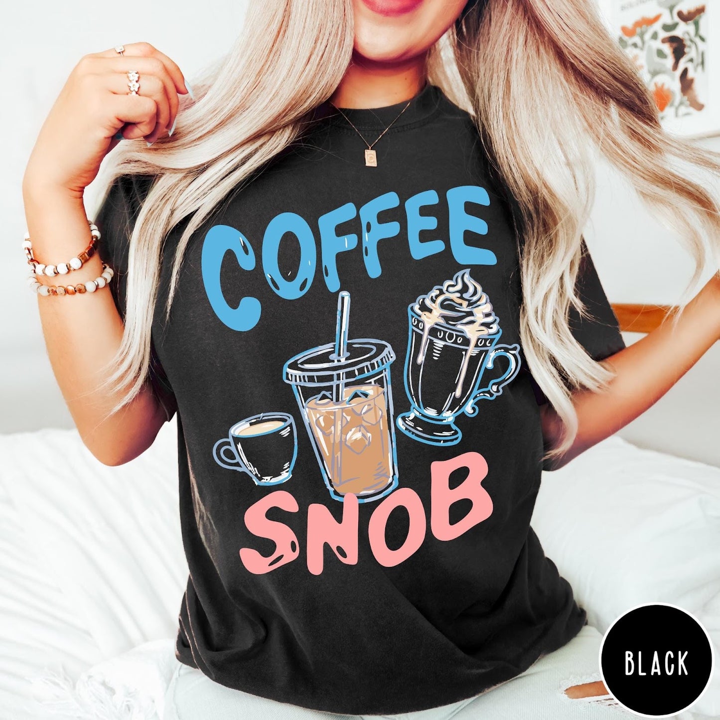 Comfort Colors tee in Black featuring illustrated coffee graphic with iced coffee, hot coffee, and whipped cream.