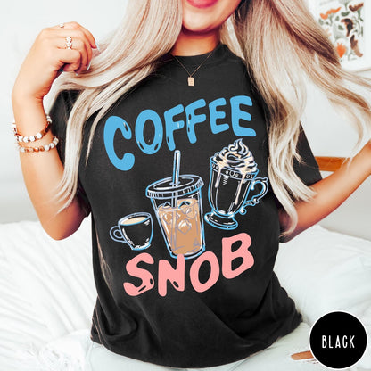 Comfort Colors tee in Black featuring illustrated coffee graphic with iced coffee, hot coffee, and whipped cream.