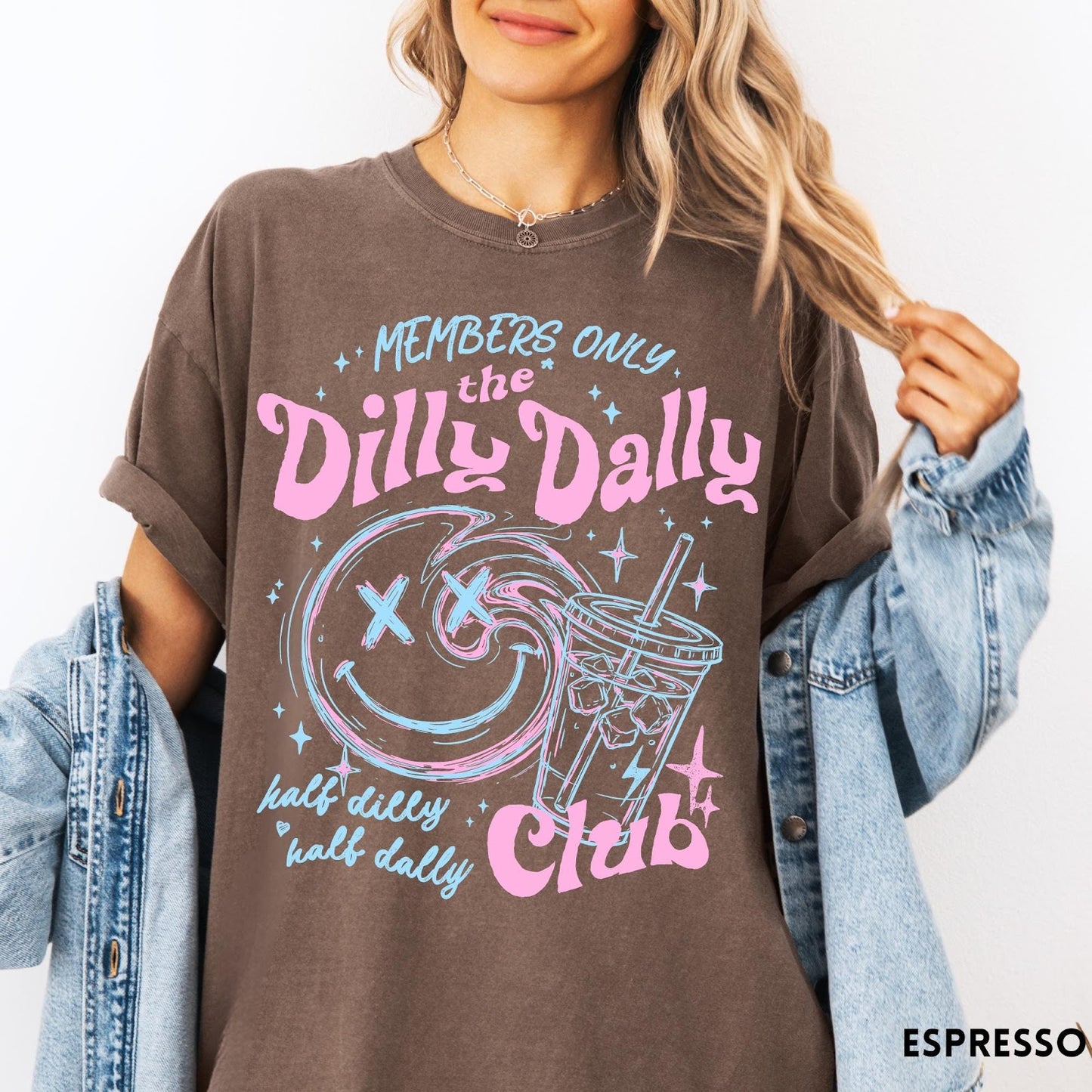 Comfort Colors tee in Espresso featuring retro style graphic with a smiley face and iced coffee cup