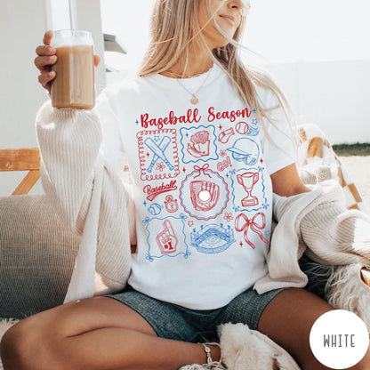 Comfort Colors tee in White featuring baseball icons including bats, a glove, stadium, and trophy graphic design