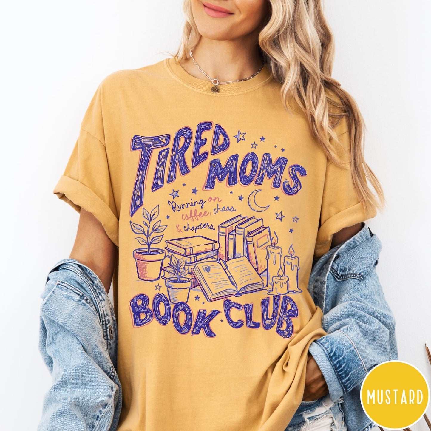Comfort Colors tee in Mustard featuring book club graphic with plants, candles, and reading related text