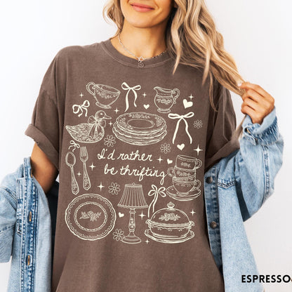 Comfort Colors tee in Espresso featuring line art style thrifting and antique home goods graphic design