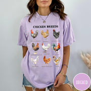 Comfort Colors tee in Orchid featuring vintage style graphic illustration of nine different chicken breeds with labels