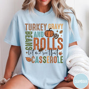 Comfort Colors tee in Chambray featuring vintage style Thanksgiving graphic with turkey, gravy, rolls, and casserole text