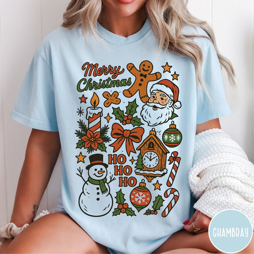Comfort Colors tee in Chambray featuring retro holiday design with Christmas icons like Santa and a snowman