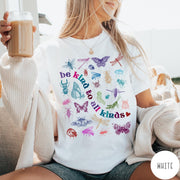 Comfort Colors tee in White featuring insect and butterfly graphic with text be kind to all kinds