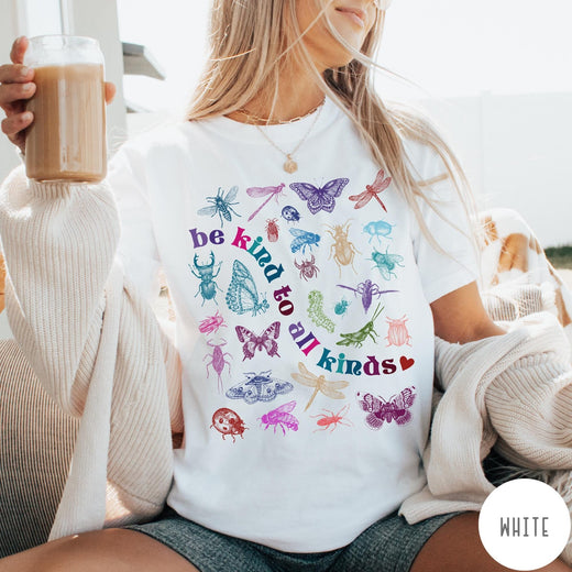 Comfort Colors tee in White featuring insect and butterfly graphic with text be kind to all kinds