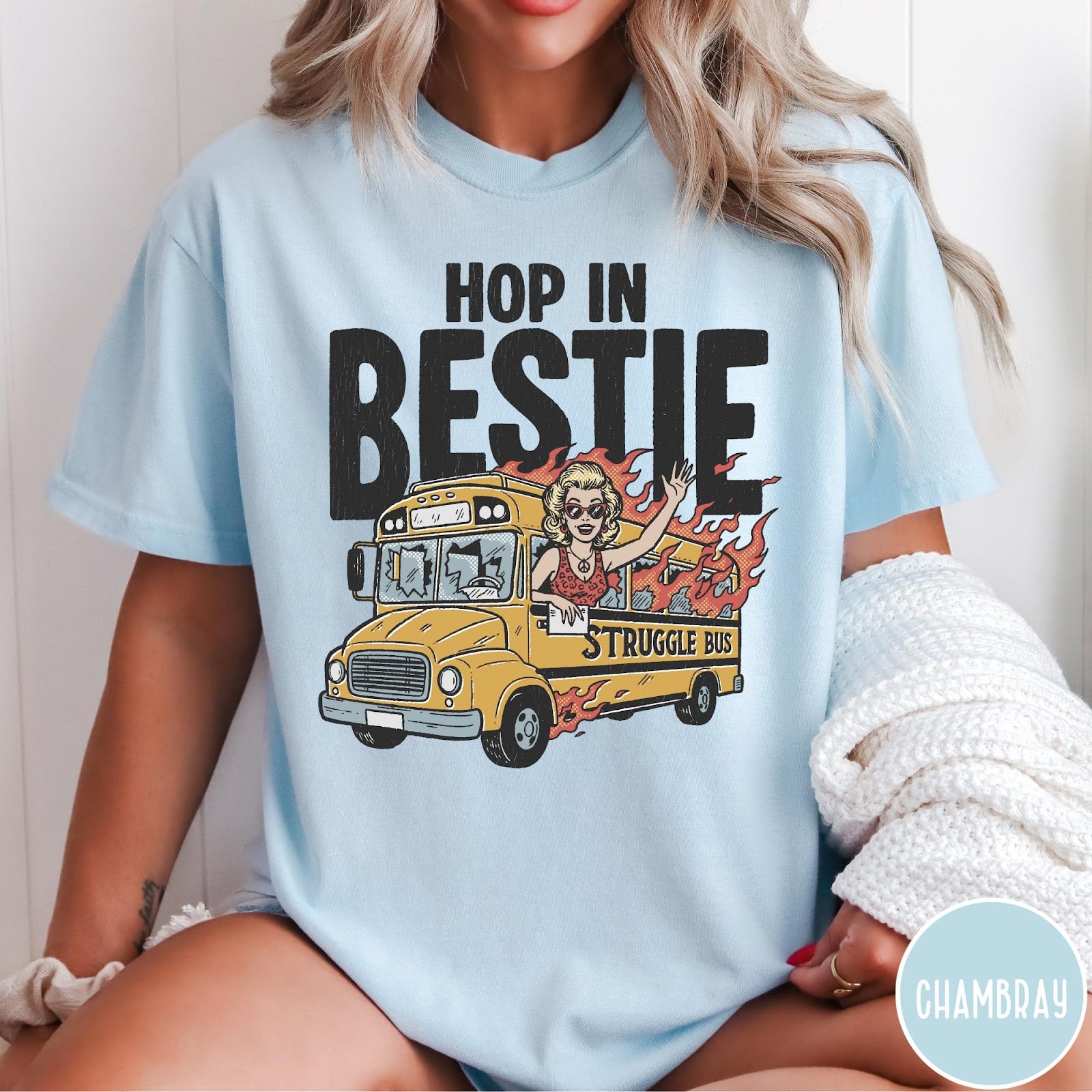 Comfort Colors tee in Chambray featuring retro style graphic of a woman waving from a burning school bus