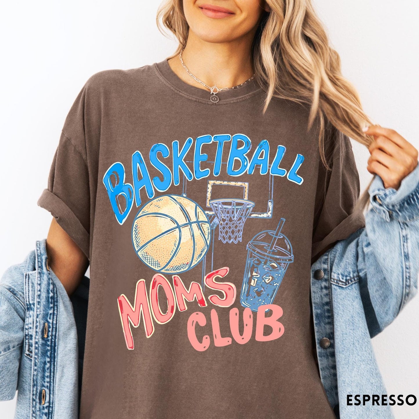 Comfort Colors tee in Espresso featuring basketball mom life graphic with basketball, hoop, and iced coffee