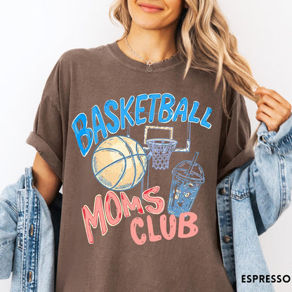 Comfort Colors tee in Espresso featuring basketball mom life graphic with basketball, hoop, and iced coffee