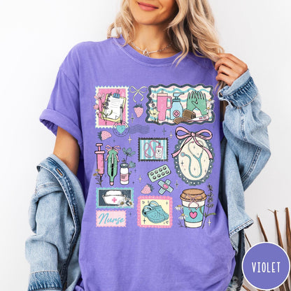 Comfort Colors tee in Violet featuring collage style nursing profession graphic with medical supplies and floral accents