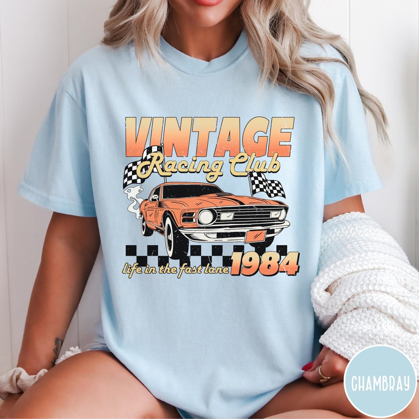 Comfort Colors tee in Chambray featuring vintage muscle car graphic with racing flags and 1984 text