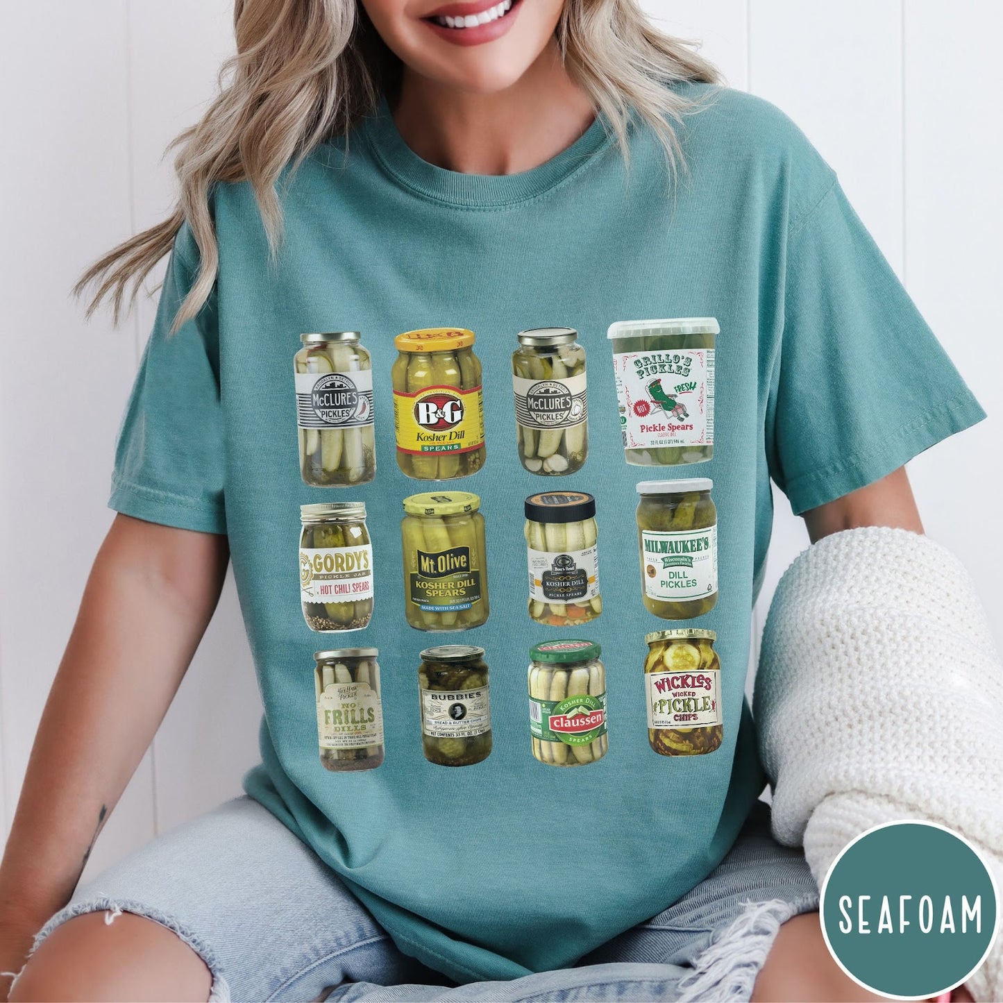 Comfort Colors tee in Seafoam featuring graphic design of various pickle jars arranged in a grid pattern