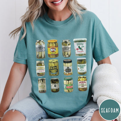 Comfort Colors tee in Seafoam featuring graphic design of various pickle jars arranged in a grid pattern