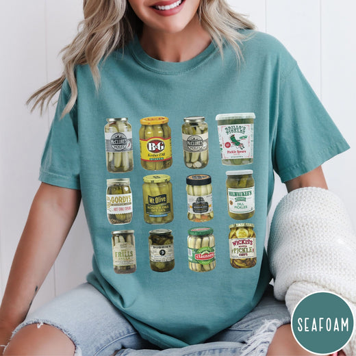 Comfort Colors tee in Seafoam featuring graphic design of various pickle jars arranged in a grid pattern