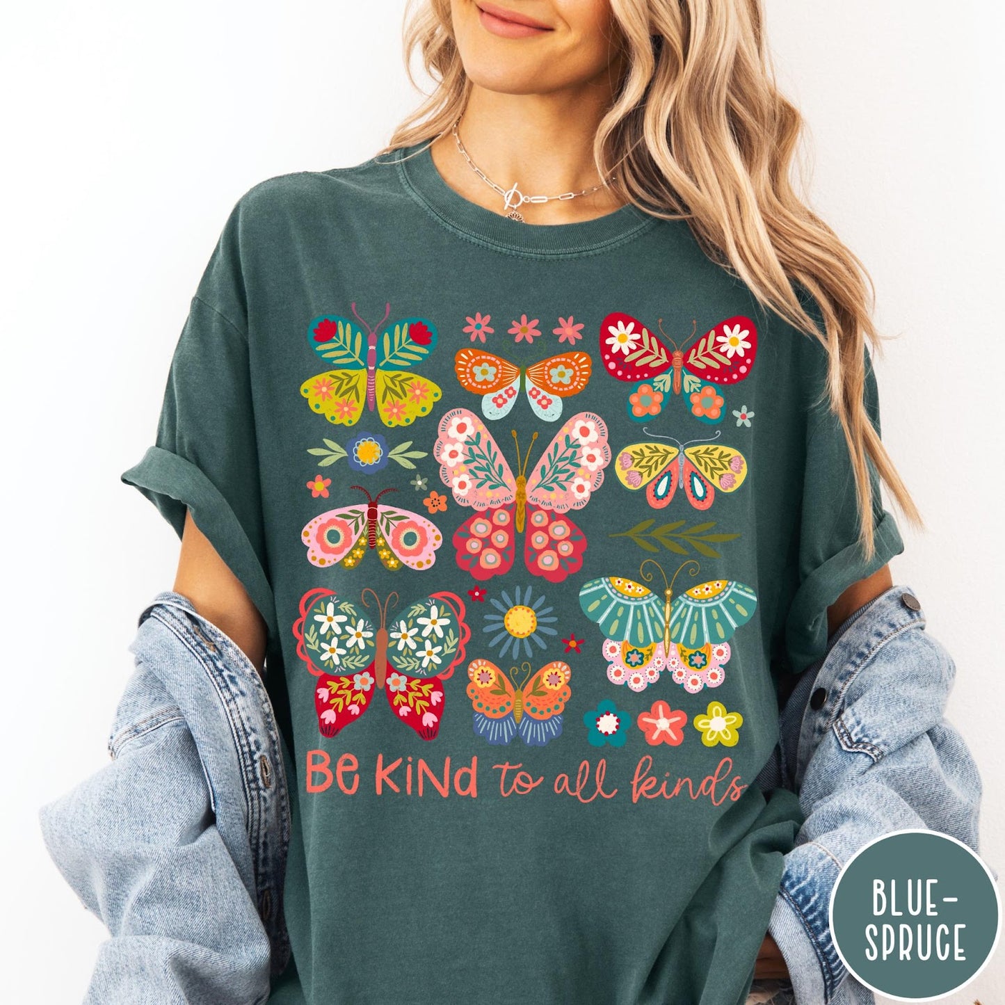 Comfort Colors tee in Blue Spruce featuring butterfly and floral graphic design with Be Kind to all kinds text