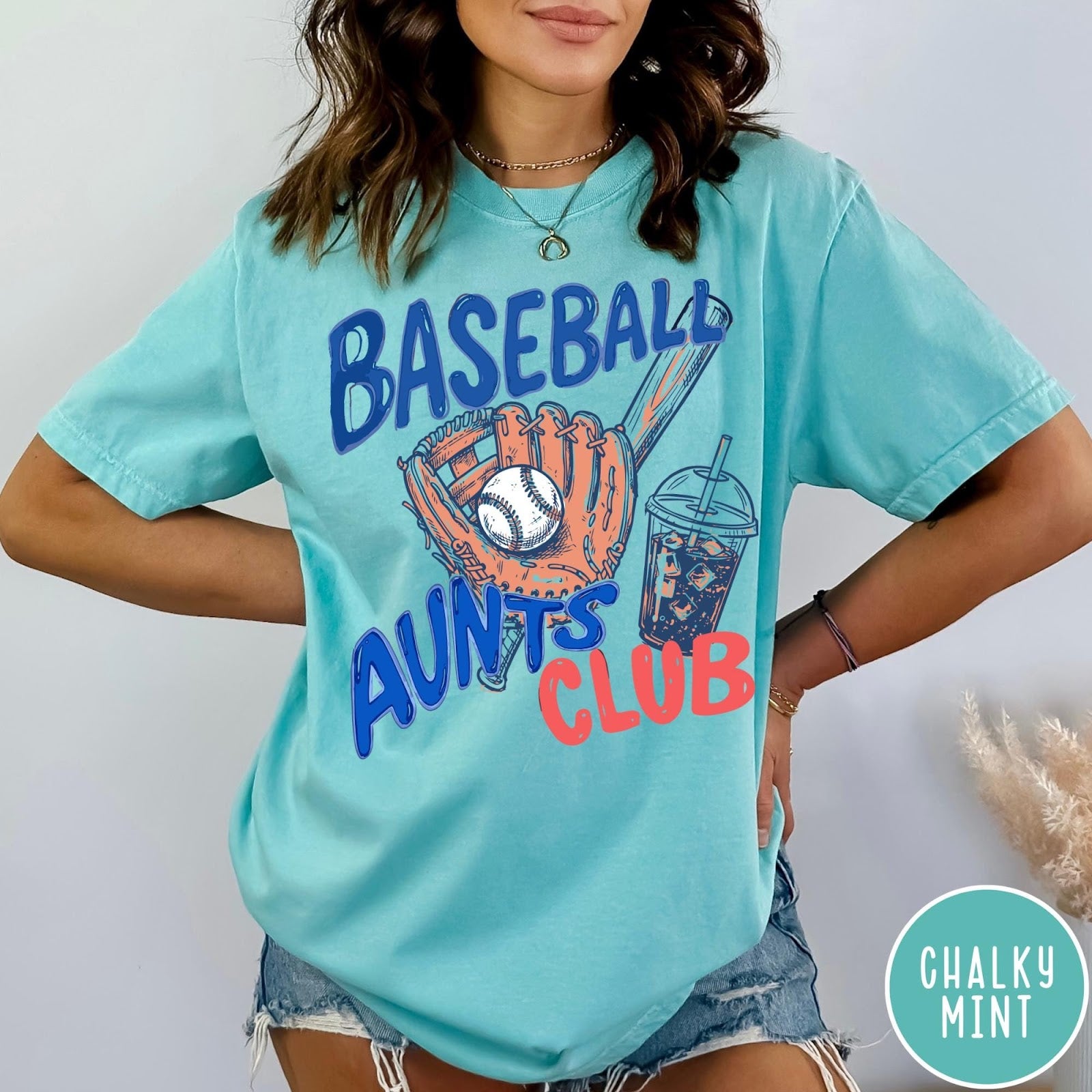 Comfort Colors tee in Chalky Mint featuring baseball design with glove, ball, bat, and iced coffee graphic